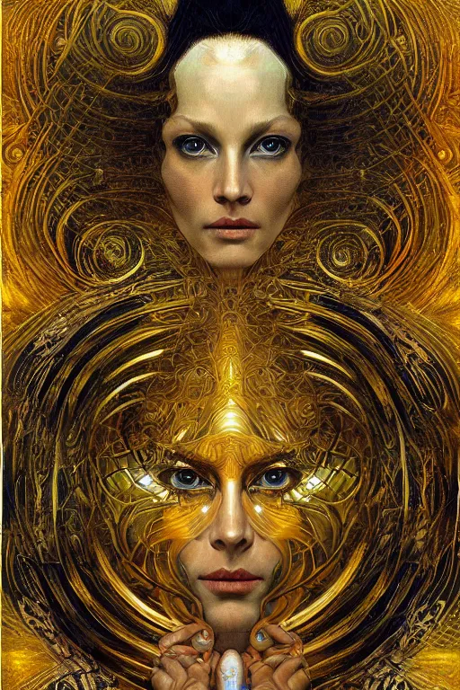 Image similar to Divine Chaos Engine portrait by Karol Bak, Jean Deville, Gustav Klimt, and Vincent Van Gogh, sacred geometry, visionary, mystic, fractal structures, ornate gilded medieval icon, spirals