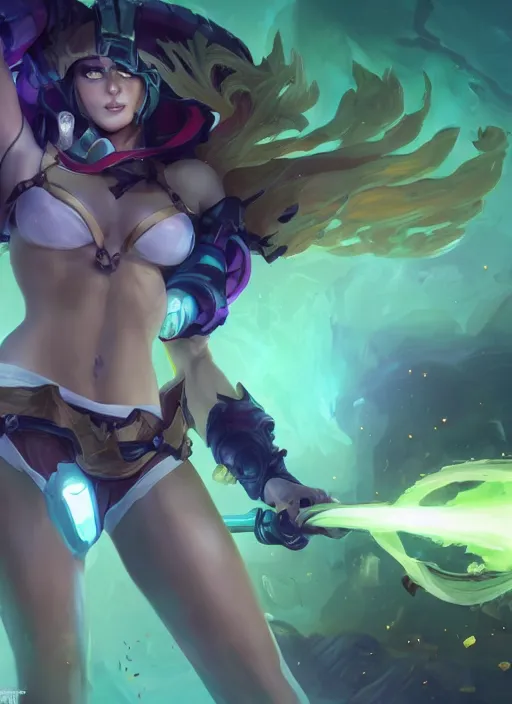 Image similar to senna from league of legends, au naturel, firing a giant weapon, brown skin, glowing green neon eyes, wearing white robe, digital art, trending in artstation, cinematic lighting, studio quality, smooth render, unreal engine 5 rendered, octane rendered, art style by klimt and nixeu and ian sprigger and wlop and krenz cushart