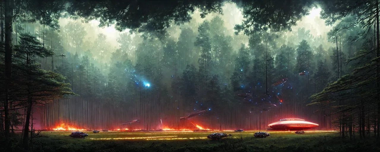 Prompt: a giant megastructure spaceship wrecked and lost in the forest, a small fire in the distance, powerful laser light and large festival sound system on the left close to the camera, detailed digital art by greg rutkowski.