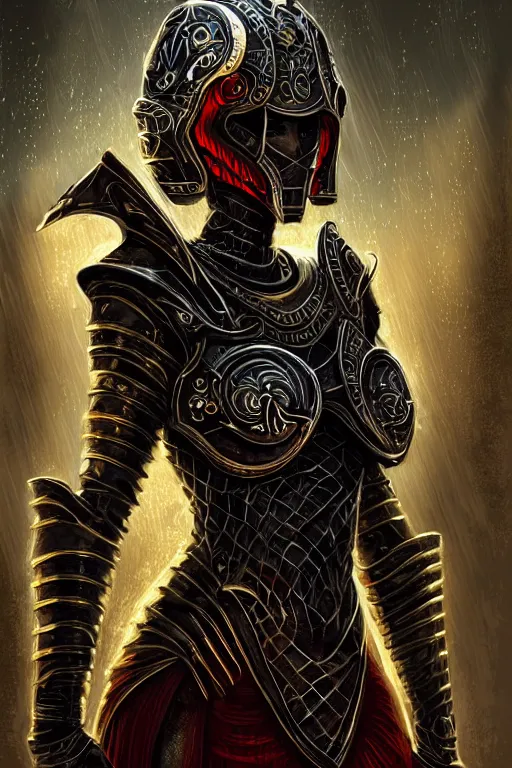 Image similar to portrait knights of Zodiac girl, metallic black and reddish color reflected armor, in heavily rainning ruin Agora of Athens, ssci-fi, fantasy, intricate, rim lights, natural atmosphere, great high details, cinematic lighting,, elegant, golden light, highly detailed, digital painting, concept art, smooth, sharp focus, illustration, art by artgerm and greg rutkowski and alphonse mucha and loish and WLOP