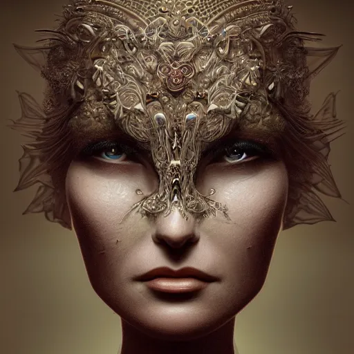 Image similar to beatifull frontal face portrait of a woman, mandelbrot fractal, intricate, elegant, highly detailed, ornate, ornament, elegant , luxury, beautifully lit, ray trace, octane render in the style of Gerald Brom and Andrew Wyeth