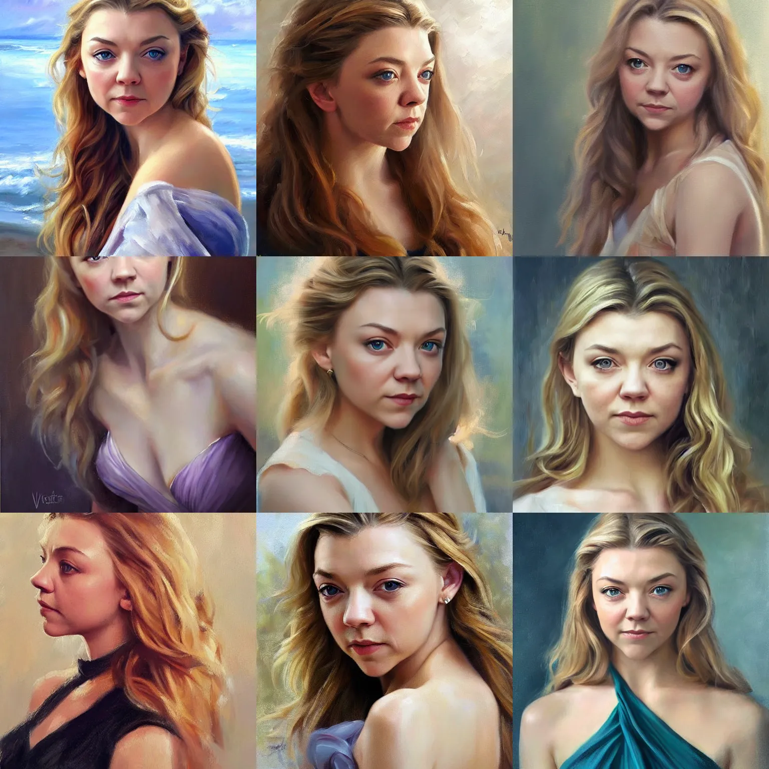 Prompt: Natalie Dormer portrait, painting by Vladimir Volegov, highly detailed, face, neck, chest,