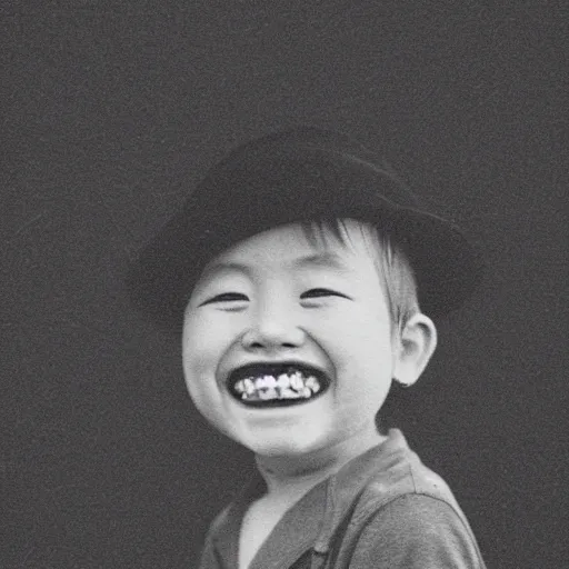 Prompt: creepy japanese kid with hat smiling in the void