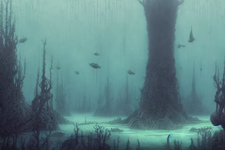 Image similar to Fantastical murky underwater forest by Shaun Tan and Moebius, trending on artstation