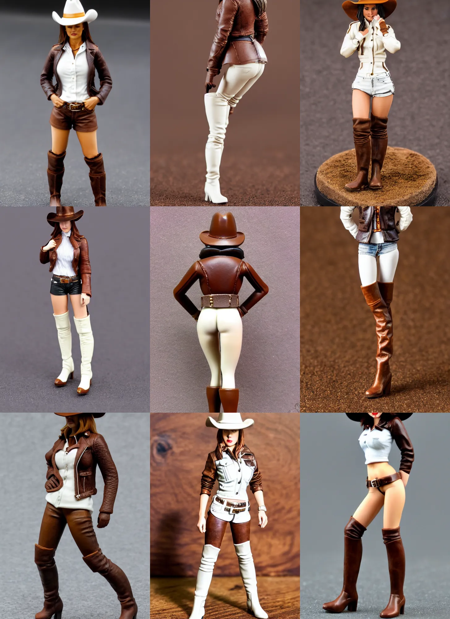 Prompt: 80mm resin detailed miniature of a cow-girl, Short brown leather jacket, white shirts, hot-pants, ten-gallon hat, over-knee boots, Navel, Standing with legs open on textured base; Miniature Photos, Logo, 4K, Full body; Front view