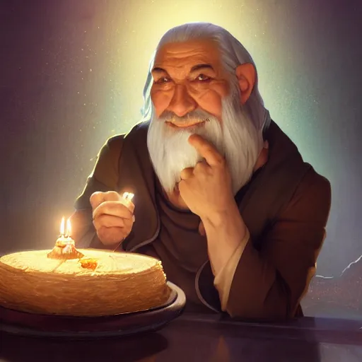 Prompt: a wizard enjoying their birthday cake, art by artgerm and greg rutkowski and alphonse mucha, concept art, octane render, unreal engine 5, highly detailed, high quality, 8 k, soft lighting, realistic face, path traced