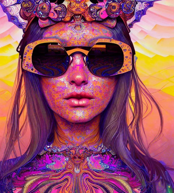 Prompt: close up of a beautiful woman at burning man wearing a kaleidoscopic psychedelic dress and fractal sunglasses, fantasy, intricate, elegant, highly detailed, digital painting, artstation, concept art, smooth, 8 k, sharp focus, illustration, art by artgerm and greg rutkowski and alphonse mucha