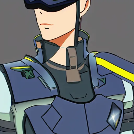 Image similar to a futuristic soldier captain with a ballistic visor and a blue shoulderpad in anime style