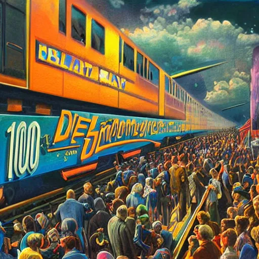 Image similar to sign that says 1 0 0, text 1 0 0, lisa frank, glorious, bedazzled, spectacled, amazing, unreal render, bokeh, studio lighting, ultradetailed, detailed and realistic painting of a giant warship plane, dieselpunk, historical photo of commuters in train to new york 1 8 9 0, everybody is looking at smartphones