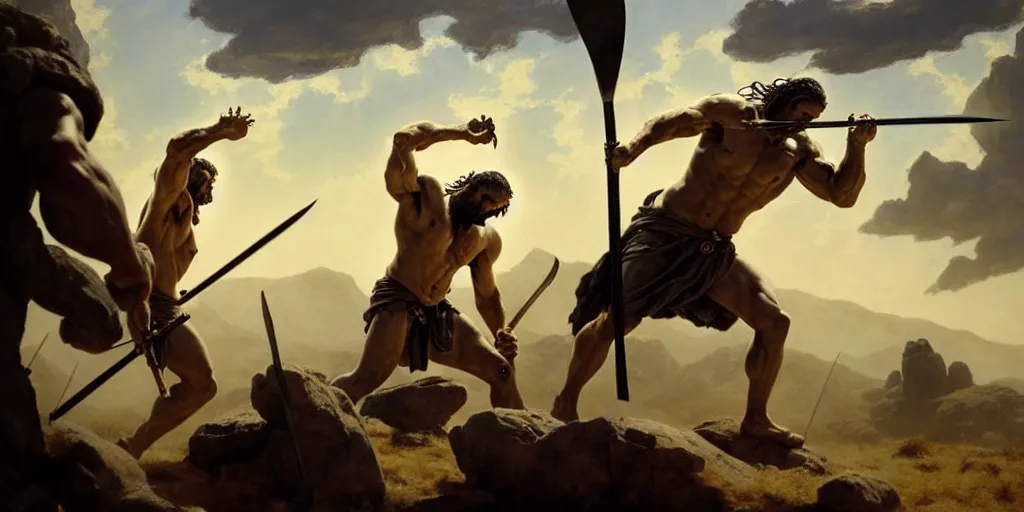 Image similar to realistic scene of biblical Cain with a spear fighting Abel with a reaper scythe, a stone altar with white smoke ascending in the background, masculine and rugged, inspired art by Frazetta + facial symmetry + bright dramatic volumetric lighting, front fill lighting, well lit, 8k octane render, intricate, epic composition, golden hour, studio lighting + masterpiece, trending on artstation, very detailed, masterpiece, stunning