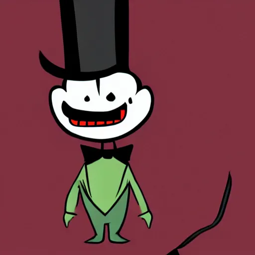 Prompt: a small vampire with a top hat in the style of chad moldenhauer, cuphead, 8 0's style