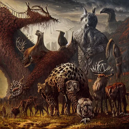 Image similar to a painting of many different types of animals, a detailed painting by yerkaland, cgsociety, neo - primitivism, apocalypse landscape, apocalypse art, dystopian art