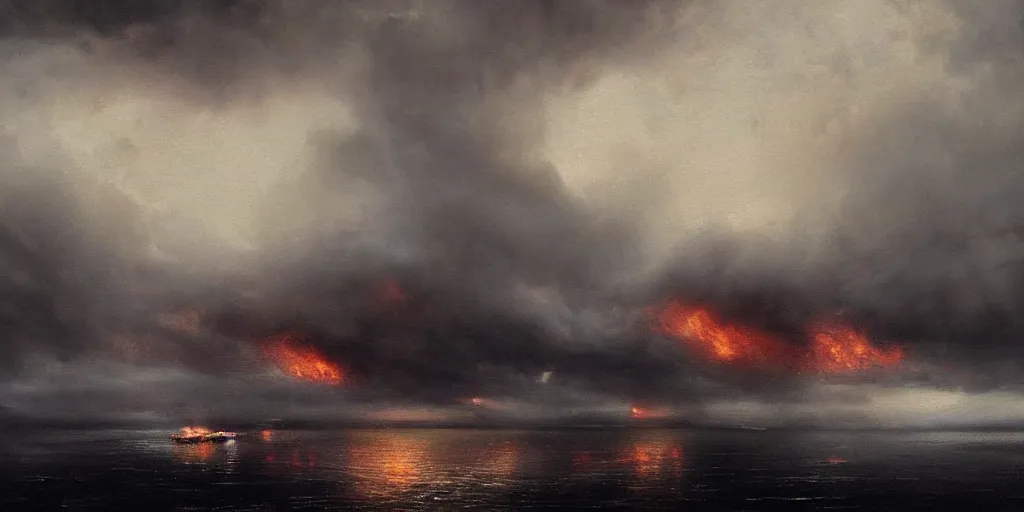 Image similar to Hyper realistic oil painting of a medieval fleet burning, dark smoke rising to the skies, stormy weather, dark clouds, fog, moody cinematic lighting, atmospheric, dark, by Greg Rutkowski, trending on artstation