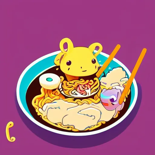 Prompt: cute cartoon axolotl eating ramen, colorful, artstation hd