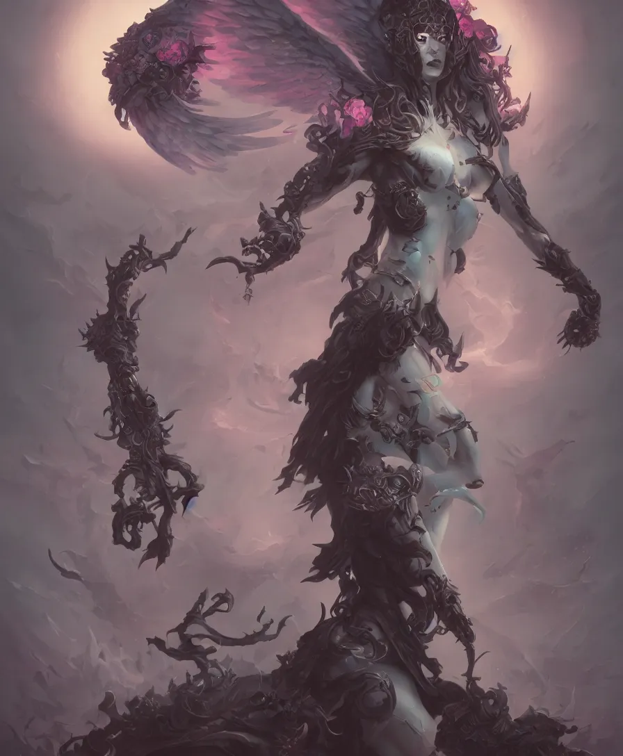 Image similar to goddess of death in the style of nekro, artgerm, wlop, glowing halo, octane render, peter mohrbacher, artstation