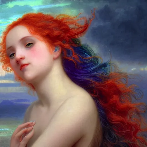 Image similar to a beautiful stunning interesting detailed fantasy whimsical matte digital portrait illustration of a mermaid with blue-green hair, yellow-orange and red-violet spectacular sunset, in the style of William Adolphe-Bouguereau and Marc Simonetti, magic the gathering, trending on artstation hq, contest winner