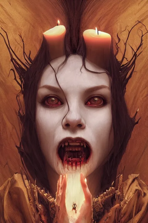 Image similar to portrait of a female vampire, intricate, dystopian terror, fangs, extremely detailed, digital painting, candles, sculpted in zbrush, artstation, concept art, smooth, sharp focus, illustration, chiaroscuro lighting, golden ratio, rule of thirds, fibonacci, incredible art by Stanley Artgerm Lau and Greg Rutkowski, composition by Alphonse Mucha and Simon Stalenhag