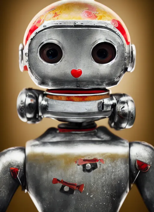 Image similar to closeup portrait of tin toy robot kitty trap, depth of field, zeiss lens, detailed, symmetrical, centered, fashion photoshoot, by nicoletta ceccoli, mark ryden, lostfish, breathtaking, 8 k resolution, extremely detailed, beautiful, establishing shot, artistic, hyperrealistic, octane render