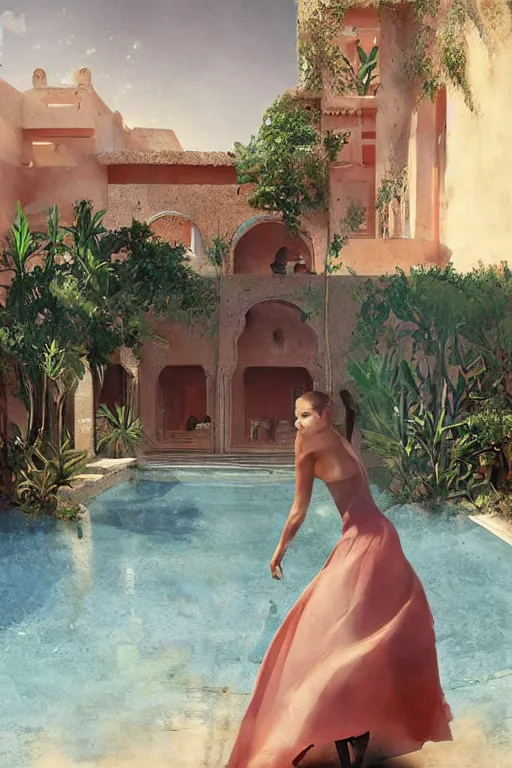 Image similar to Natalie Portman in marrakech Next to the pool,digital art,ultra realistic,ultra detailed,art by greg rutkowski