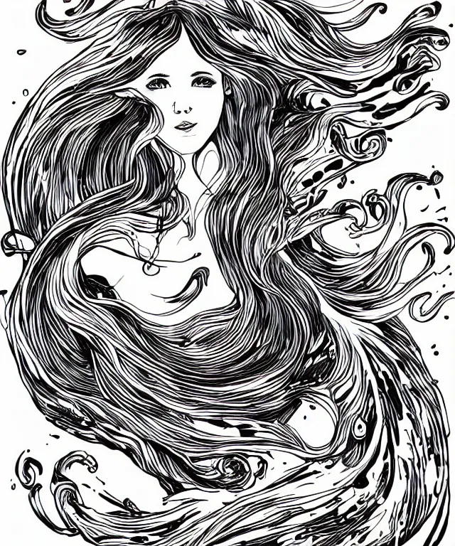 Image similar to black and white illustration, creative design, beautiful mermaid in swirling water