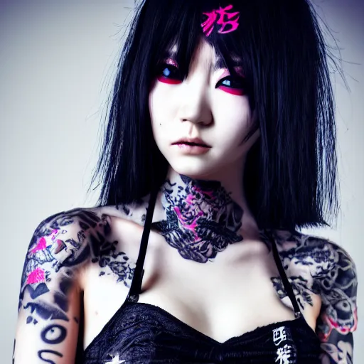 Image similar to japanese gothic model with maximalist hair style and kanji tattoos, dark colors, fashion model, portrait shot, depth of field, 8 k, hyper detailed, intricate, trending on artstation