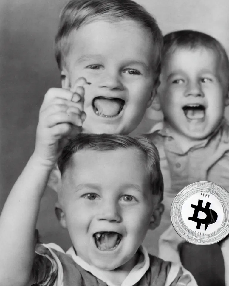 Image similar to 1950s advertisement with a smiling happy toddler boy holding up a coin with the Bitcoin logo using both hands, casual clothing, clear happy smiling face, highly detailed realistic