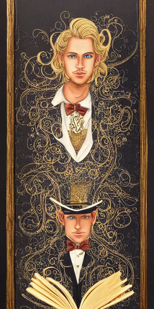 Image similar to beautiful detailed acrylic painting mystical mentalist man, has blond hair and a top hat. Wearing embroidered noble clothes. Heterochroma eyes. A small book with gold filigree in hand. Renaissance. Fantasy.