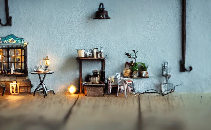 Image similar to mini cafe for mice diorama macro photography, ambient, atmospheric photograph, string lights, romantic