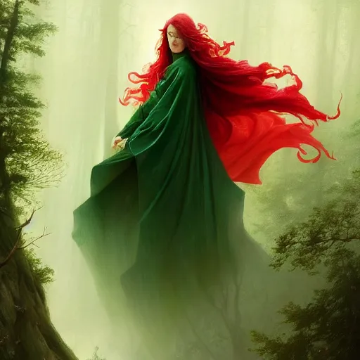 Prompt: epic portrait an beautiful woman wearing green cape with a hood on, armor, goddess, wet flowing red hair, forest blurry backround, broad light, ambient occlusion, volumetric light effect, made by ivan aivazovsky, peter mohrbacher, greg rutkowski, matte painting, trending on artstation, 4 k, perfectly defined features, digital painting,