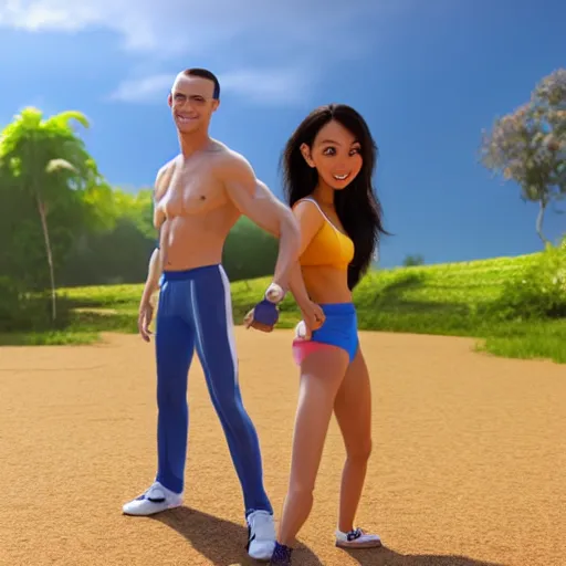 Image similar to young beautiful athletic Filipino woman with long hair standing beside a handsome caucasian athletic thin man with very short buzzed hair, balding, stubble on his face, blue eyes, they are posing, depicted as adult Pixar characters, high quality cg render, 4k