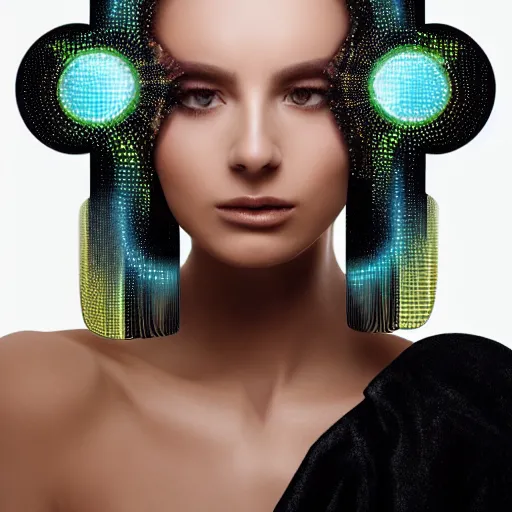 Image similar to portrait of a beautiful futuristic woman layered with high-tech jewelry wrapping around her face and head, 2063