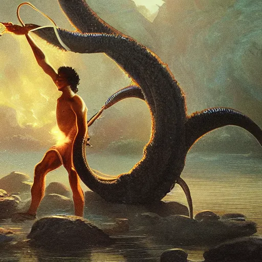 Image similar to a cinematic painting of alien tentacles emerging from the water of a river, a single human godly like figure stands on the riverbed watching, fire blowing the leaves from the trees