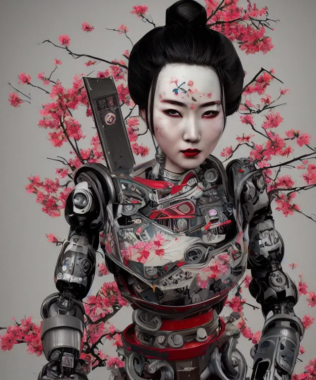 Prompt: an epic fantastic realism comic book style portrait painting of a japanese robotic geisha with kanji tattoos and decals, cherry blossom rain everywhere, apex legends, octane render, intricate detail, 4 k hd, unreal engine 5