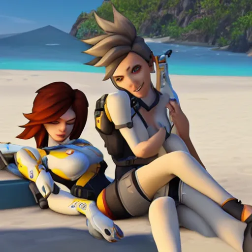 Image similar to tracer and mercy from overwatch relaxing at the beach getting a sun tan, unreal engine 5 4 k