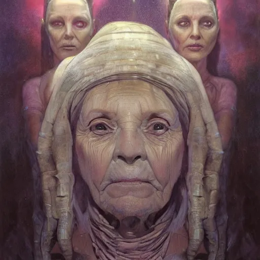 Image similar to hyperrealist portrait of an ancient old alien woman with three heads standing in a vast empty space with mounds of clay here and there by jeremy mann and alphonse mucha and stan lee, fantasy art, photo realistic, dynamic lighting, artstation, poster, volumetric lighting, very detailed faces, award winning, full face, symmetry