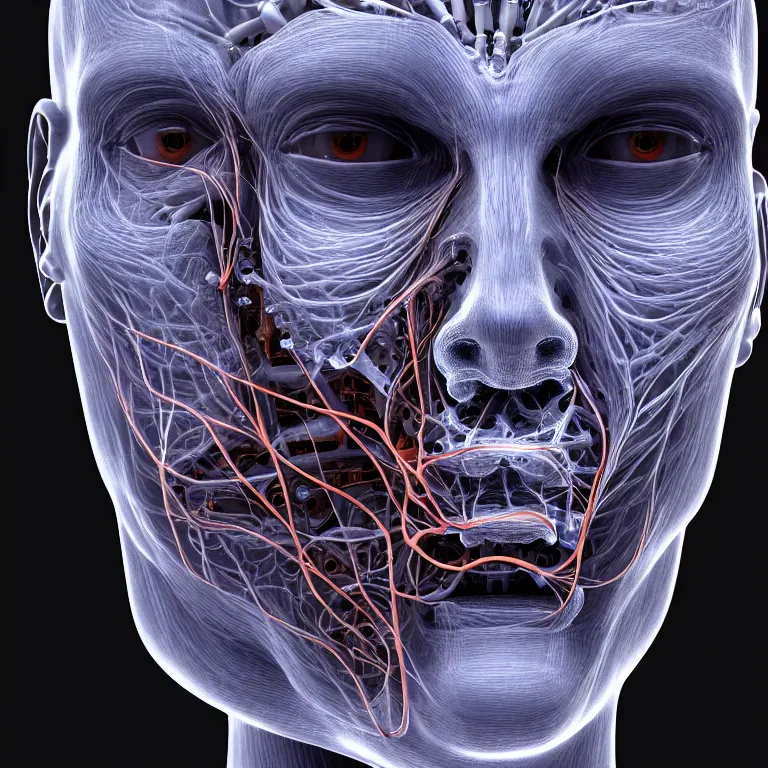 Prompt: portrait of neural nightmares, detailed face face face face, facial structure, hd, 8 k, very very very very electronic, biomechanical, biology, bio, neural machine