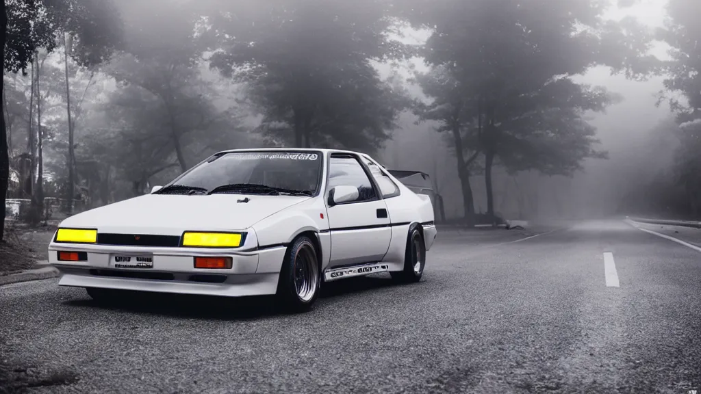 Image similar to a trueno ae 8 6 with pop up headlights, cinematic, long exposure, white balance, 8 k, led, lumen global illumination, fog, ray tracing reflections