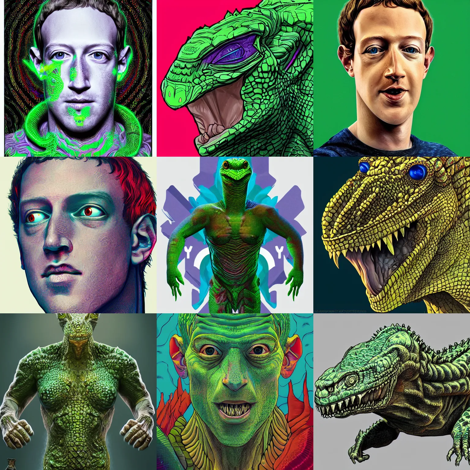 Prompt: mark zuckerberg as a reptilian overlord, trending on artstation, intricate, highly detailed, colorful, menacing