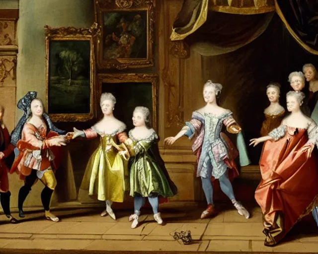 Prompt: a painting from the early 1700s of aliens visiting the royal court, exchanging gifts