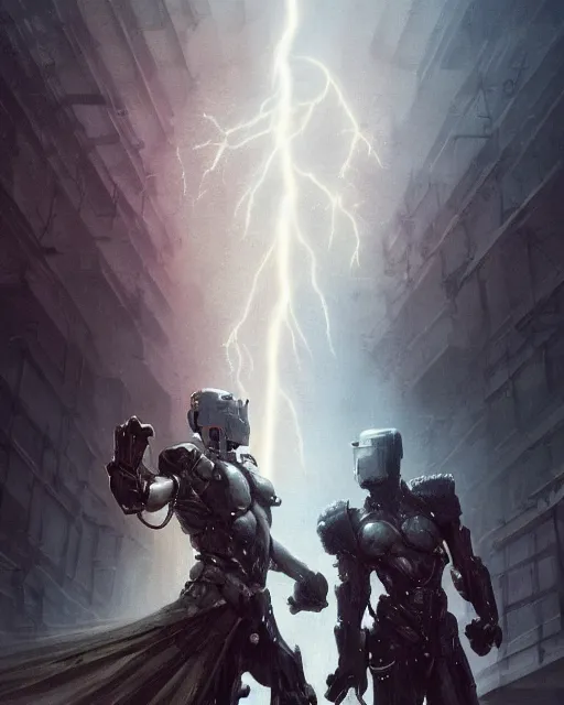 Image similar to highly detailed portrait of barbarians fist bumping in front of swords, lightning in background, cybernetic enhancements as seen from a distance, scifi character portrait by greg rutkowski, esuthio, craig mullins, 1 / 4 headshot, cinematic lighting, dystopian scifi gear, gloomy, profile picture, mechanical, half robot, implants, solarpunk