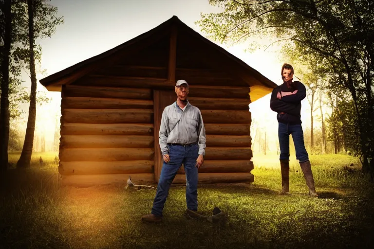 Prompt: a headshot portrait of a farmer, stood outside a wooden cabin, ultra realistic, dramatic lighting