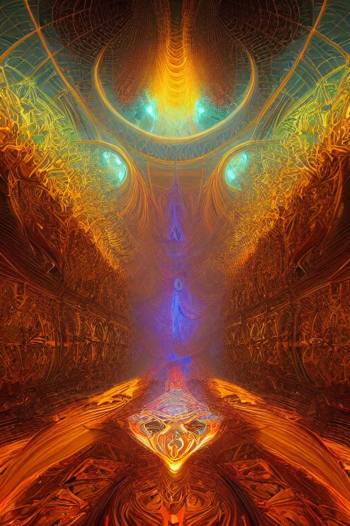 Image similar to a deep perspective photo real render of tribal glowing fractals and ornate flowing light streams sacred geometry, by beeple, by donato giancola, unreal engine