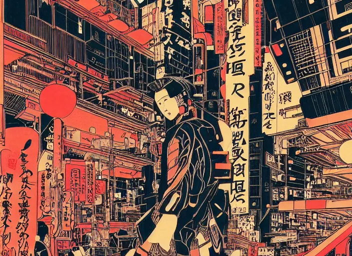 Image similar to futuristic japanese cyberpunk bladerunner silk screen by utagawa yoshiiku, ohara koson, pixiv contest winner, cyberpunk style, cyberpunk color scheme, mechanical, robotic, human machine interface, high resolution, hd, bold clear lines