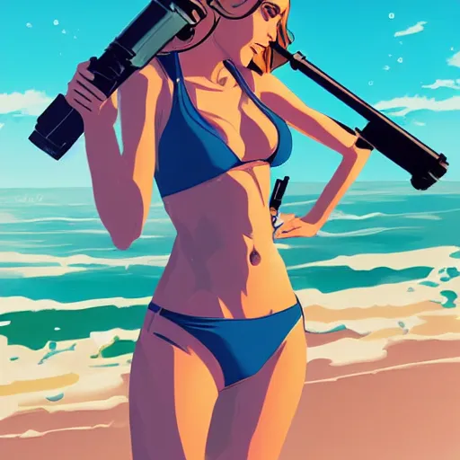 Prompt: laura stein woman holding a rocket launcher at the beach, half body shot, detailed bikini, gorgeous face, digital art, by makoto shinkai, by dan mumford, vector art