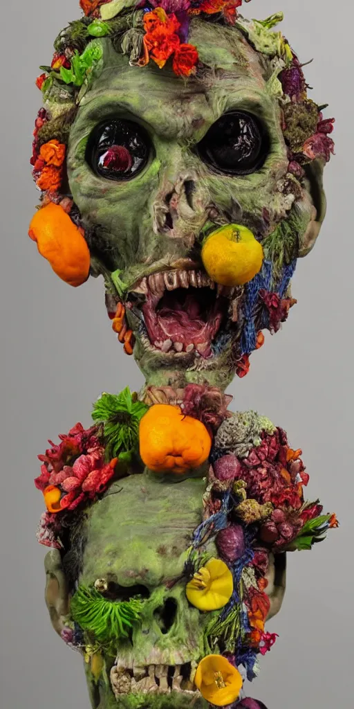 Prompt: portrait of a zombie punk, head made of fruit and flowers in the style of arcimboldo, photorealistic, dynamic lighting, action figure, clay sculpture, claymation, soft multicolor background