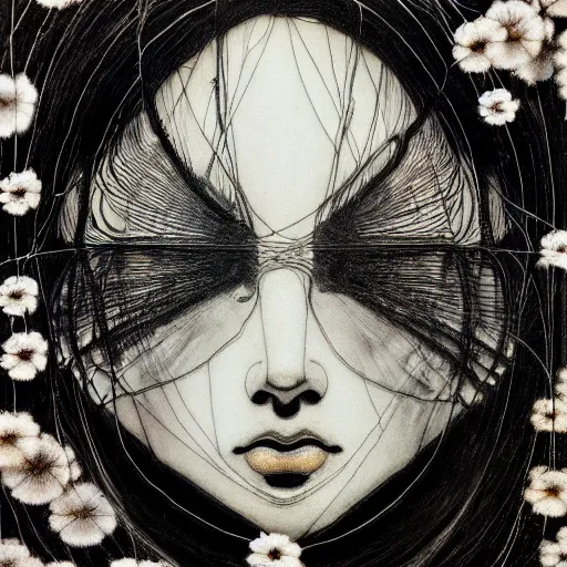 Prompt: prompt: Black and white Fragile looking vessel portrait face drawn by Katsuhiro Otomo, nymph in the water performing alchemy, small flowers and cables and wire around and on the side with artifacts, intricate oil painting, soft light, intricate detail, intricate oil painting detail, sharp high detail, manga and anime 2000