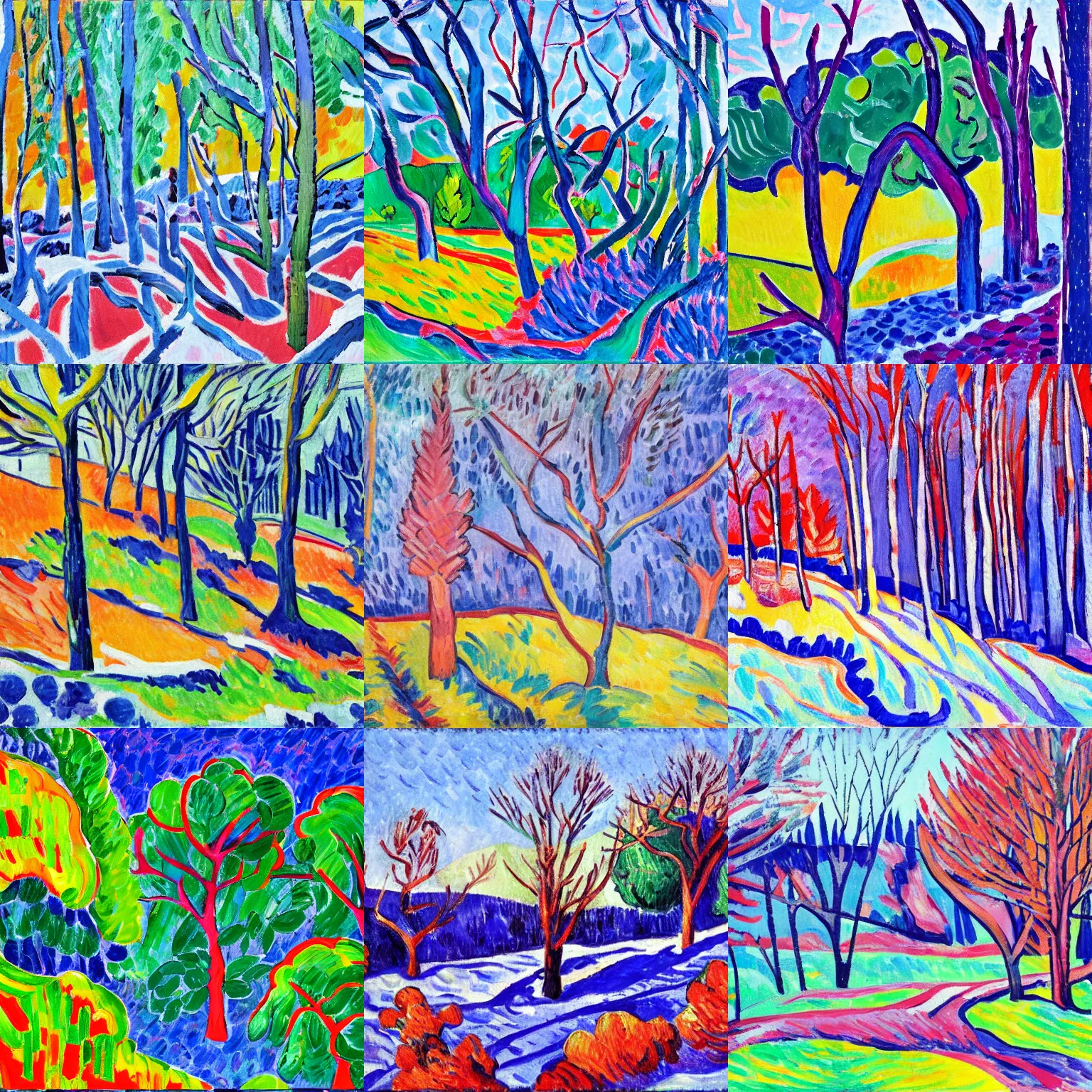 Prompt: a winter landscape with shrubs and trees on a clear day, in fauvism style