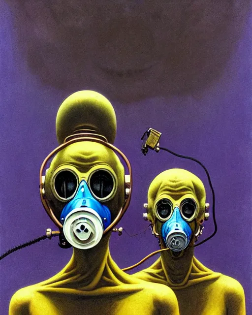 Prompt: Two creepy figures wearing gas masks, sharing an oxygen tank, draped in silky gold, blue and purple, inside a decayed, dystopian operating room, in the style of Francis Bacon, Esao Andrews, Zdzisław Beksiński, Edward Hopper, surrealism, art by Takato Yamamoto and James Jean