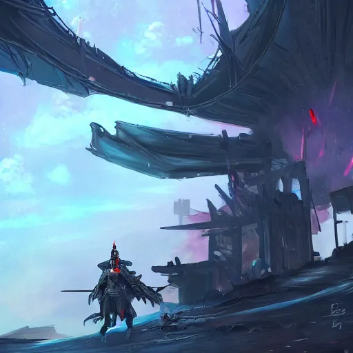 Image similar to a single armored samurai standing in the ruins of crux prime, purple fiery maelstrom in the distance, digital art, artstationhq