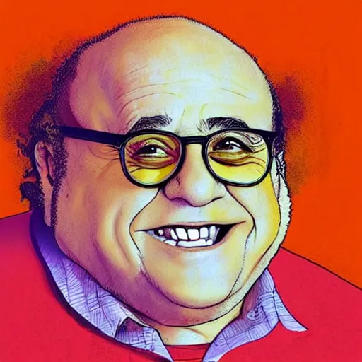 Prompt: a colorful drawing of danny devito with the word 'egg' written below it